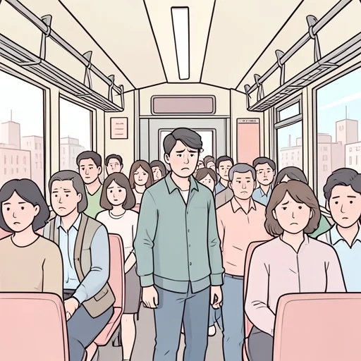 朝の電車は予想通り混雑してた - Bildwörterbuch