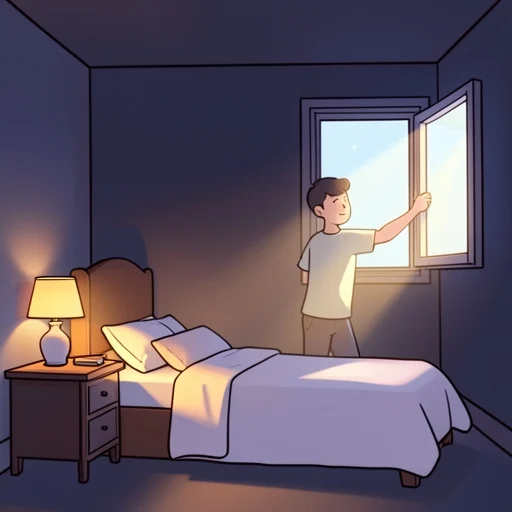 朝は暗いから電気をつけてから窓を開ける - Bildwörterbuch
