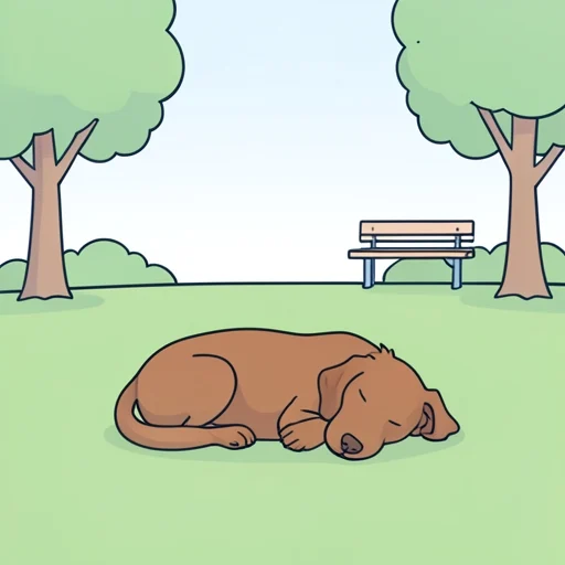 茶色い犬が公園の芝生で寝てる - Bildwörterbuch