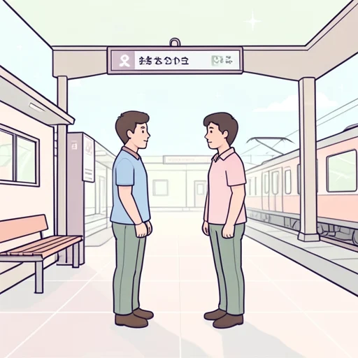 駅に向かい合って立ってる二人がいる - Bildwörterbuch