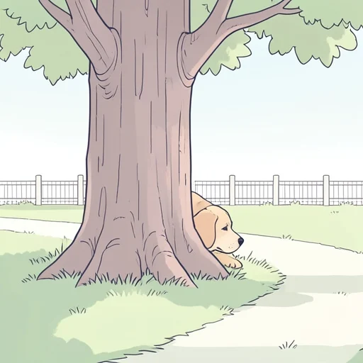 犬が木の影に隠れた - Bildwörterbuch