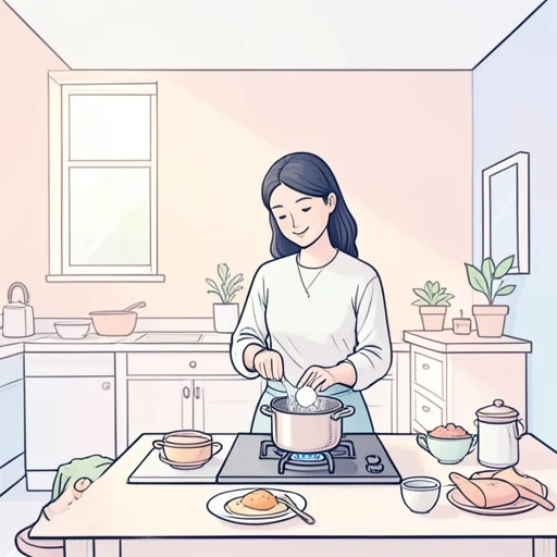 彼女、朝ご飯に卵を炊いて食べた - Bildwörterbuch