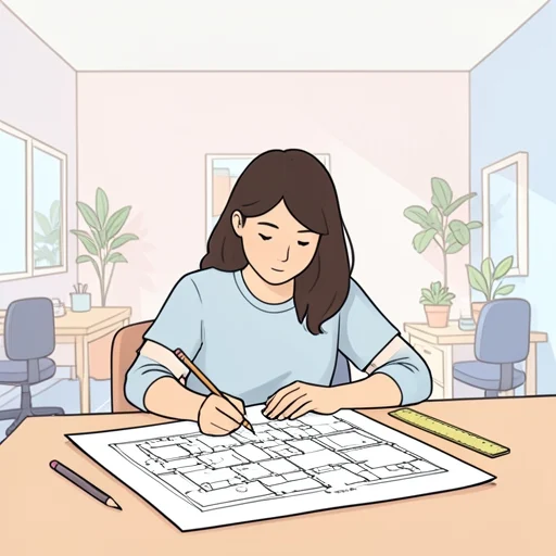 彼女、新しいオフィスの設計図を描いてる - Bildwörterbuch