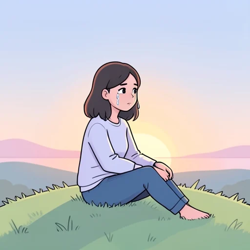 彼女、地平線に沈む夕日を見て泣いた - Bildwörterbuch