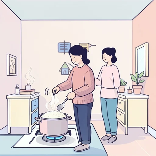 彼女がご飯を炊く音が台所から聞こえてきた - Bildwörterbuch