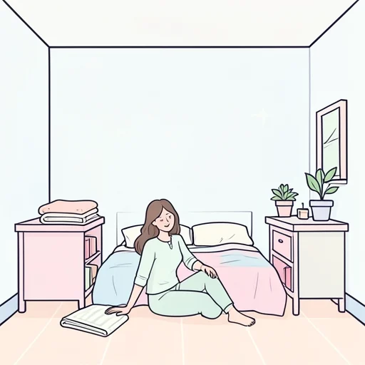 彼女、部屋の片付けがやっと終わって一息ついた - Bildwörterbuch