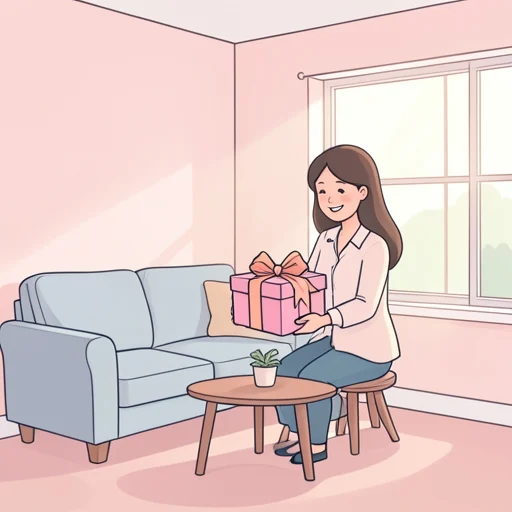 彼女、包装がきれいなプレゼントを選んだ - Bildwörterbuch