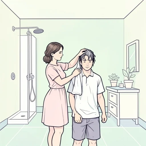 彼女女は濡れた髪をタオルで優しく拭いてあげた - Bildwörterbuch