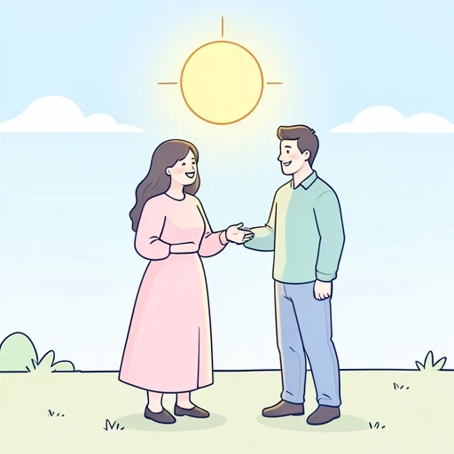 彼女女は太陽の下で輝く笑顔で彼を迎えた - Bildwörterbuch