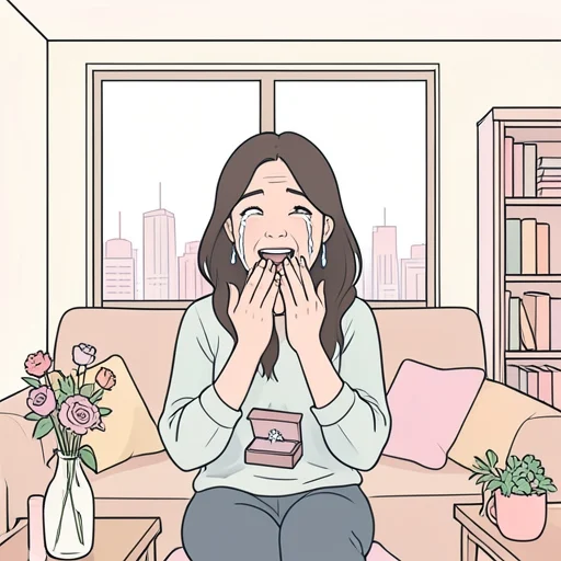 彼女からの婚約指輪のプレゼントに思わず涙が溢れちゃった - Bildwörterbuch