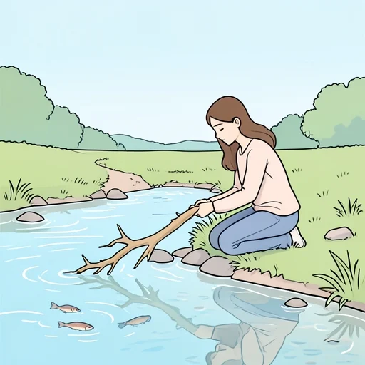 彼女、川に流れ着いた枝を拾った - Bildwörterbuch