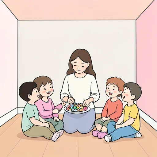 彼女、子供にお菓子を分けた - Bildwörterbuch