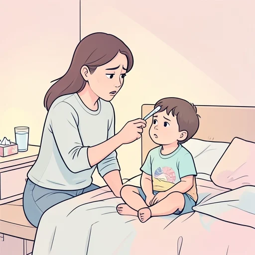 彼女、子どもの体温を測って熱があるのを確認した - Bildwörterbuch