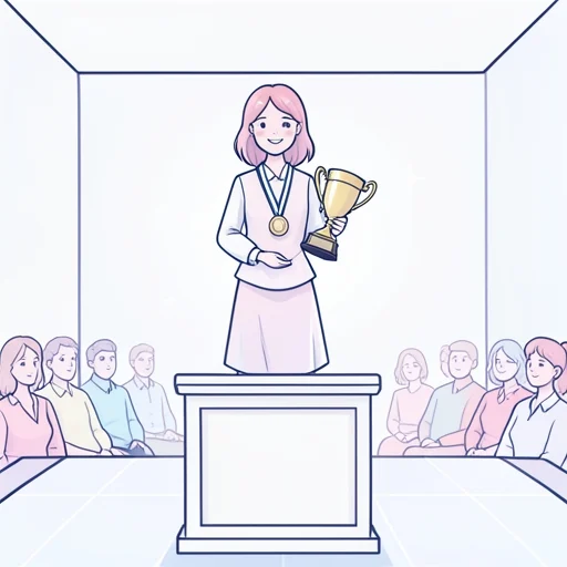 彼女、コンテストで優勝して表彰台の一番上に立った - Bildwörterbuch