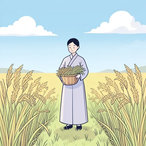 彼女、今年の米の収穫は豊作だった - Bildwörterbuch