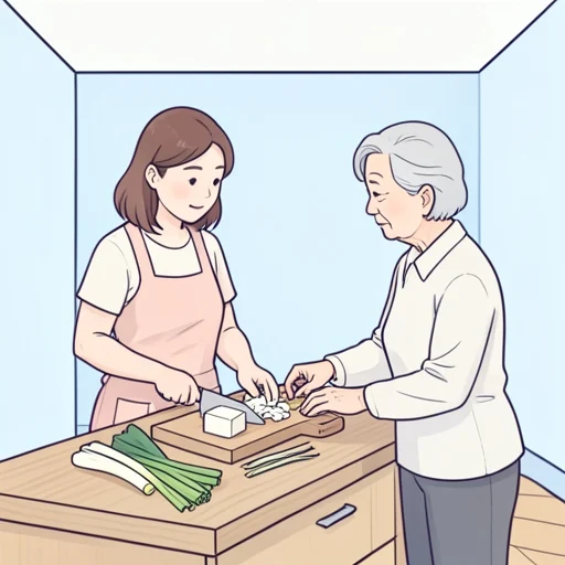 彼女、味噌汁の切り方を誰かに教わった - Bildwörterbuch