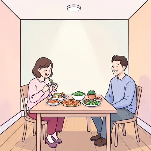 彼女、何でも食べるから安心する - Bildwörterbuch