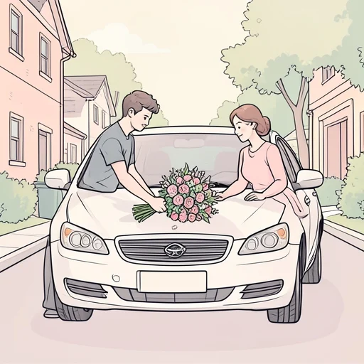 彼女のカーに花を飾った - Bildwörterbuch