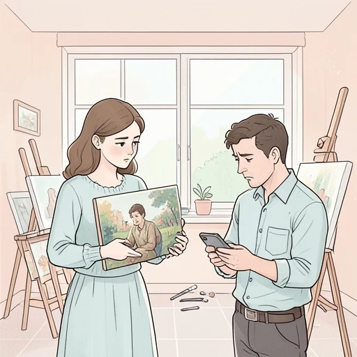 彼女の作品を彼に見せるのは、もったいない気がする - Bildwörterbuch