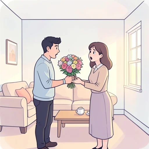 彼女の誕生日にサプライズで花束を贈った - Bildwörterbuch