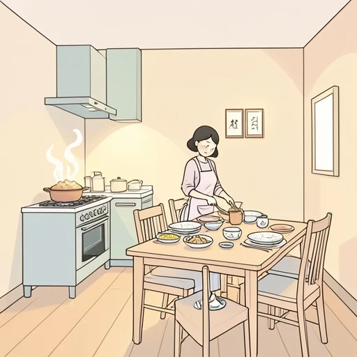 彼女の作る料理は家庭的で雰囲気も温かくて最高 - Bildwörterbuch
