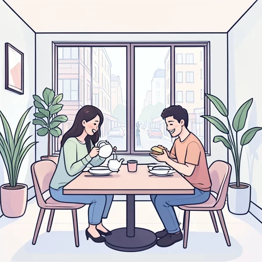 彼女、お洒落なカフェで友達とランチした - Bildwörterbuch