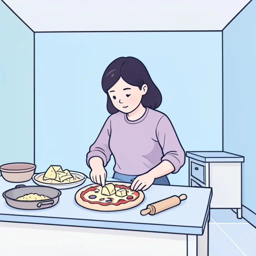 彼女、ピザにチーズを乗せて食べた - Bildwörterbuch
