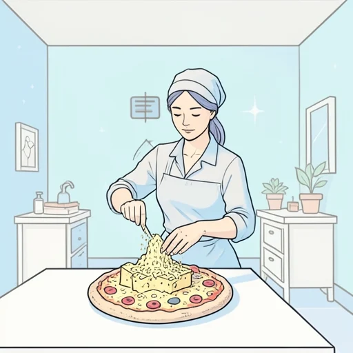 彼女、ピザにチーズをたっぷり乗せて焼いた - Bildwörterbuch