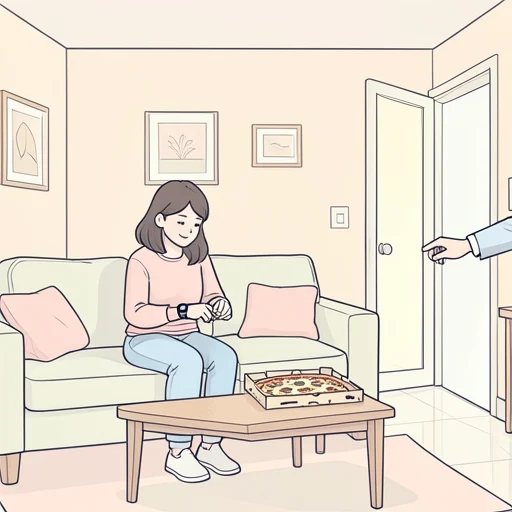 彼女、ピザの配達を待ってる - Bildwörterbuch