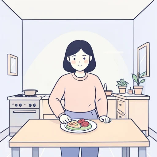 彼女、皿に食べ物を乗せてテーブルに置いた - Bildwörterbuch