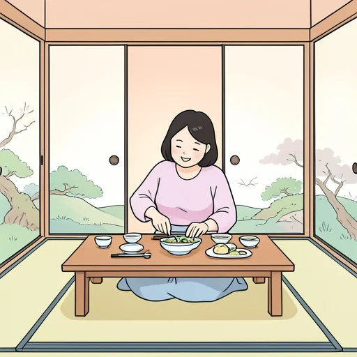 彼女、食膳を整えてから客を招いた - Bildwörterbuch