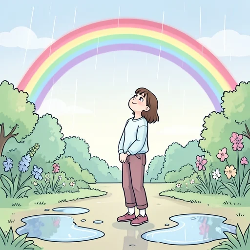 彼女は雨上がりに空にかかる虹を見て感動した - Bildwörterbuch