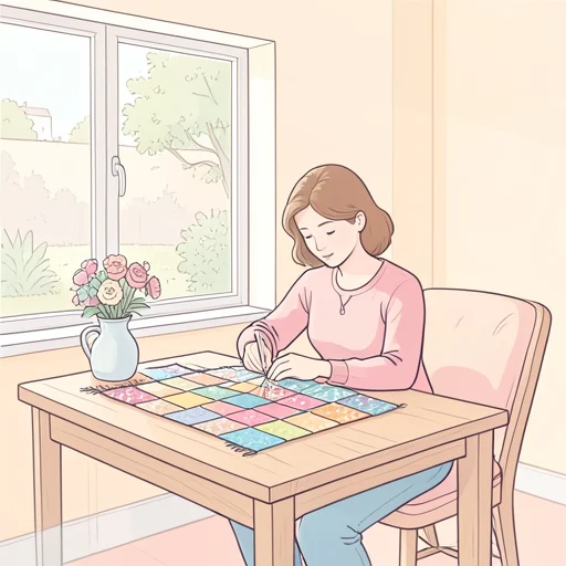 彼女は古い布を使って美しいパッチワークを作った - Bildwörterbuch