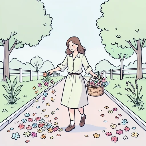 彼女は花を散らして道端を華やかにした - Bildwörterbuch