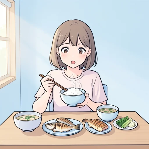 彼女は腹が空いて何でもいいから飯が食べたいって - Bildwörterbuch