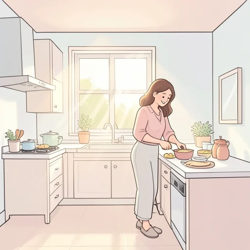 彼女は早く起きて朝ごはんを作るのが日課だ - Bildwörterbuch