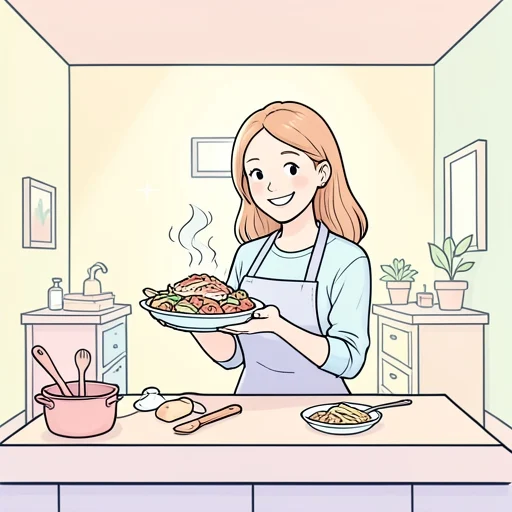 彼女は自分の料理の腕前を自慢してる - Bildwörterbuch