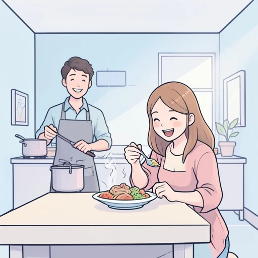 彼女は彼の作る料理が大好きだ - Bildwörterbuch