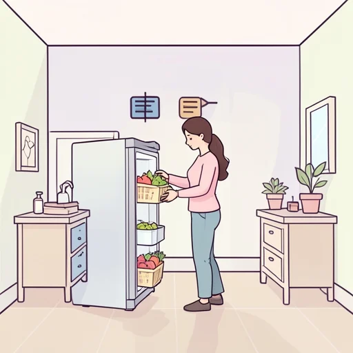 彼女は買った食材を全部冷蔵庫に入れた - Bildwörterbuch