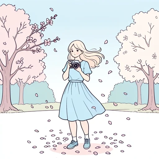 彼女は風で散った桜の花びらを写真に撮った - Bildwörterbuch
