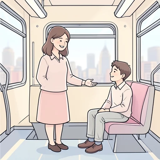 彼女は後輩に席を譲って温かい気持ちになった - Bildwörterbuch