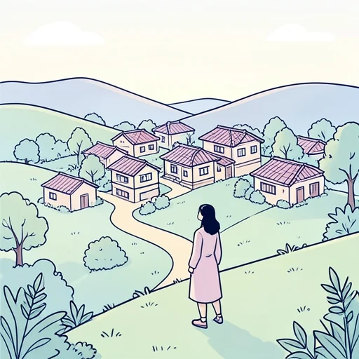 彼女は丘陵地帯に立つ小さな村の出身だ - Bildwörterbuch