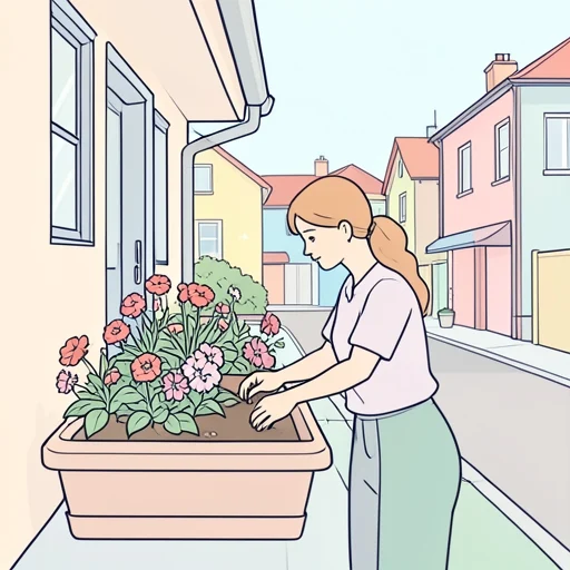 彼女は軒先のプランターに花を植えて通りを彩ってる - Bildwörterbuch