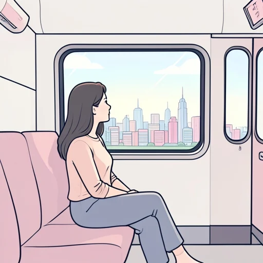 彼女は列車に乗って次の街へ向かう途中だ - Bildwörterbuch