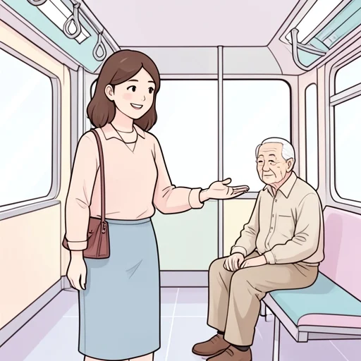 彼女は老人に席を譲って優しいって言われた - Bildwörterbuch