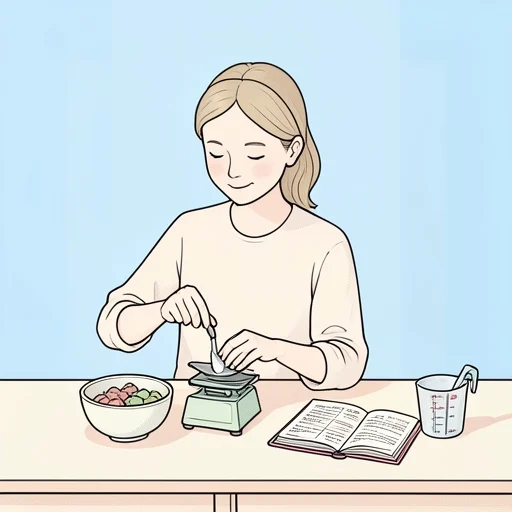 彼女は料理の材料をきっちり計ってからじゃないと気が済まない - Bildwörterbuch