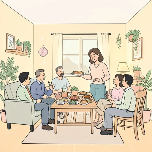 彼女は料理を振る舞うのが得意でホームパーティを開く - Bildwörterbuch