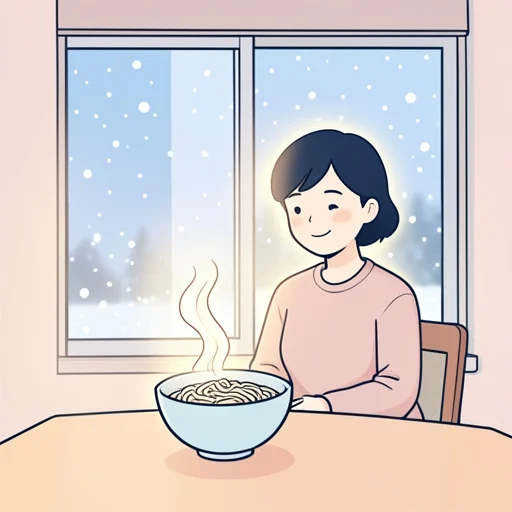 彼女は寒い日に温かい蕎麦を食べて元気を取り戻した - Bildwörterbuch
