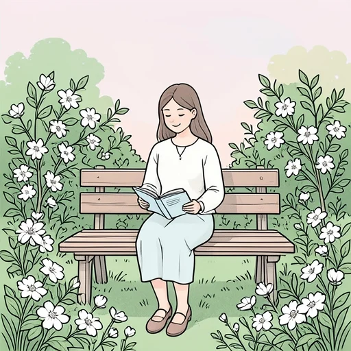 彼女は白い花が咲く庭で読書をするのが好きだ - Bildwörterbuch