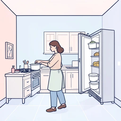 彼女は食品を容器に移し替えて冷蔵庫に保管した - Bildwörterbuch